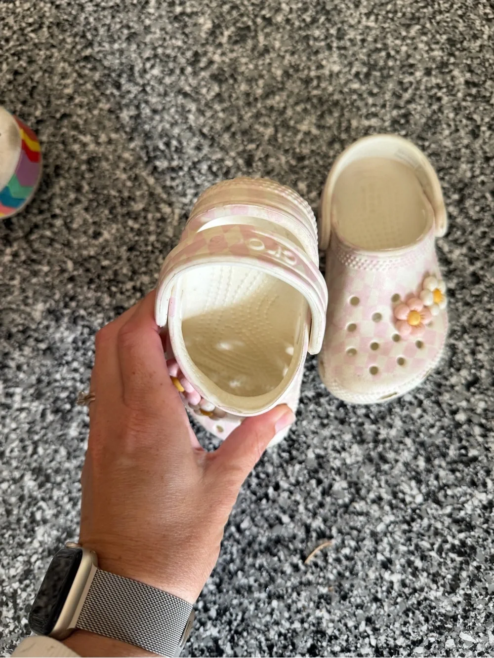 Kids Pink and White Checkered Crocs